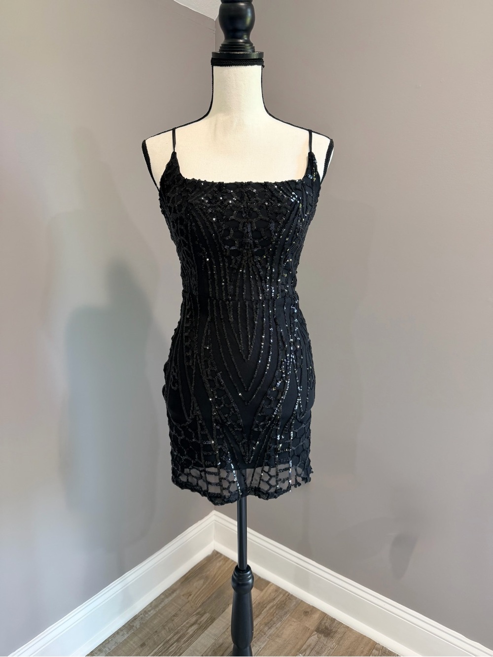 WINDSOR | Black Sequin Spaghetti Strap Mini Dress, Sz 3/4